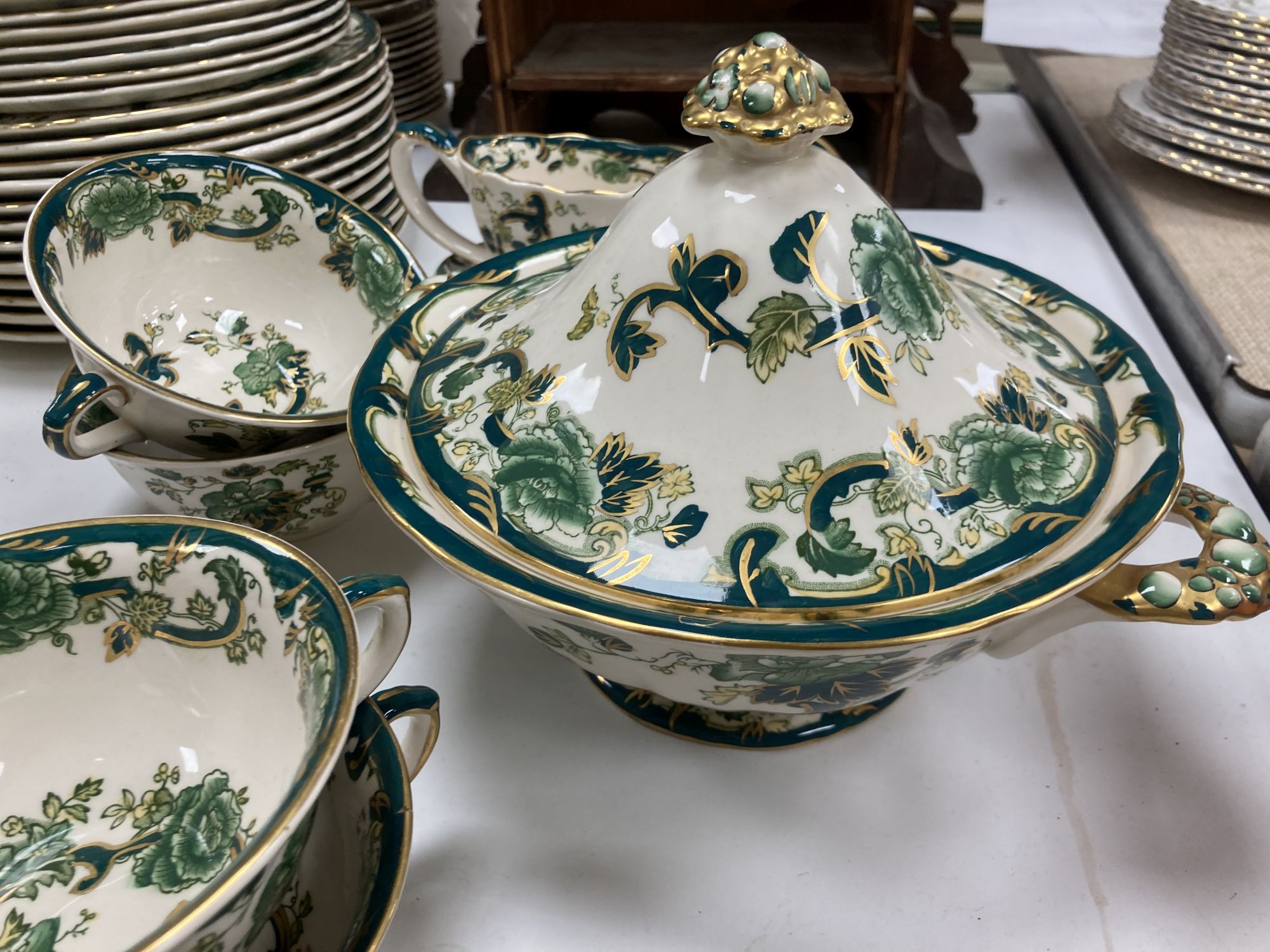 An extensive Masons Ironstone green peony pattern dinner service
